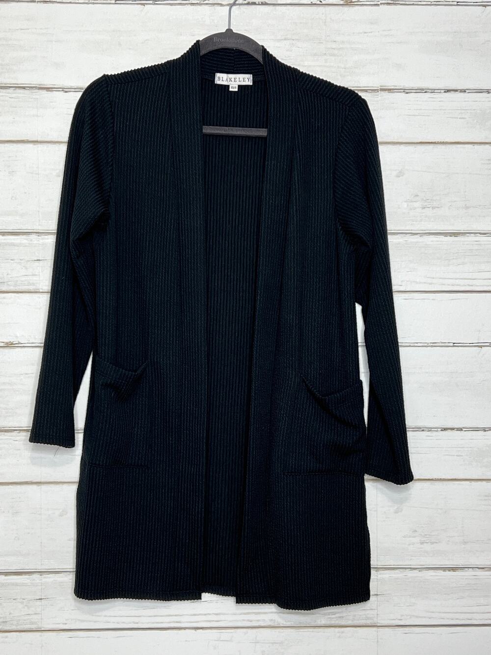 Blakeley Ribbed Open Front Cardigan Black Lightweight Knit 3/4 Sleeve XS/S